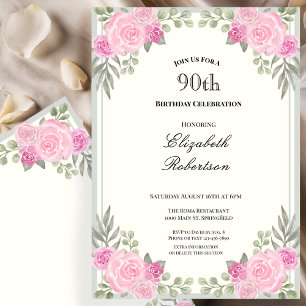 Convite Aniversário de 90 anos com flores rosa e verde man