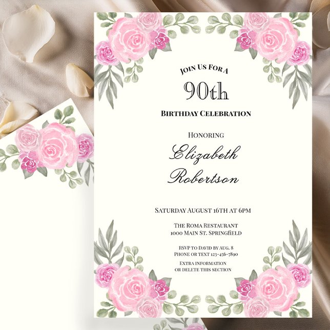 Convite Aniversário de 90 anos com flores rosa e verde Sag (Criador carregado)