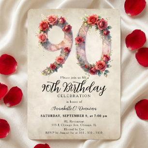 Convite Aniversário de 90 anos com Rosa Vermelha em Aquare