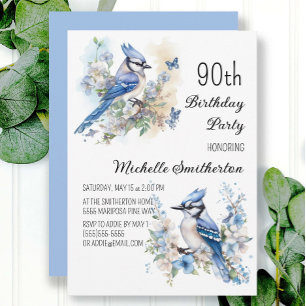 Convite Aniversário de 90 anos do pássaro azul-real flores