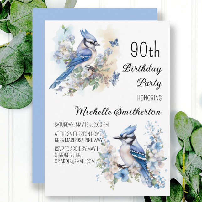 Convite Aniversário de 90 anos do pássaro azul-real flores (Criador carregado)