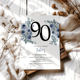 Convite Aniversário de 90 anos Elegante Floral Azul