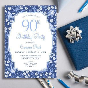 Convite Aniversário de 90 anos Elegante Floral Azul Femini