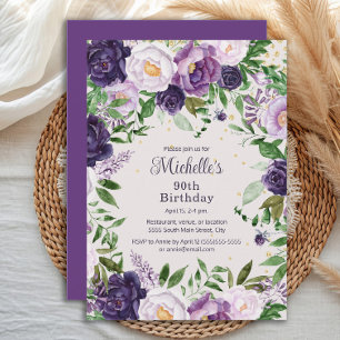 Convite Aniversário de 90 anos Elegante Lavanda Roxa Flora