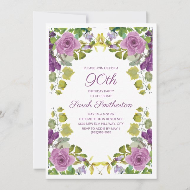 Convite Aniversário de 90 anos Elegantes Flores Roxas com  (Frente)
