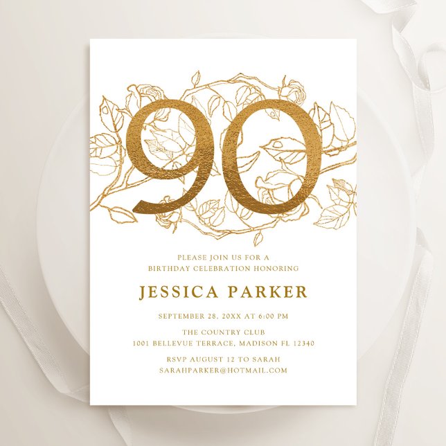 Convite Aniversário de 90 anos em Dourado Elegante Branco (Criador carregado)