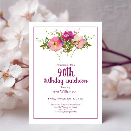 Convite Aniversário de 90 anos em Floral Aquarela Rosa