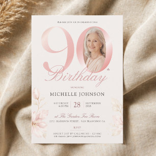 Convite Aniversário de 90 anos em Rosa Elegante Floral Fot
