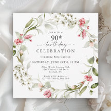 Aniversário de 90 anos Feminino com Flores em Aqua
