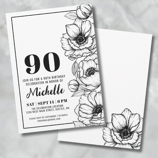 Convite Aniversário de 90 anos Floral (Elegant Floral 90th Birthday Invitation)