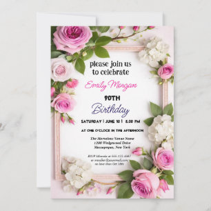 Convite Aniversário de 90 anos Floral Aquarela Rosa e Bege