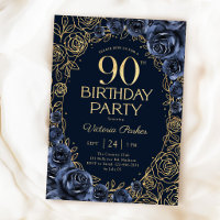 Aniversário de 90 anos floral azul marinho dourado
