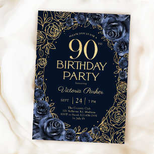 Convite Aniversário de 90 anos floral azul marinho dourado