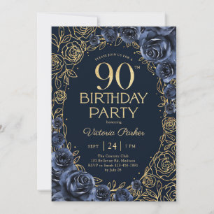 Convite Aniversário de 90 anos floral azul marinho dourado