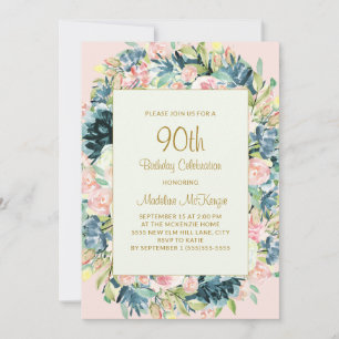 Convite Aniversário de 90 anos Floral Botânico Rosa Antigo