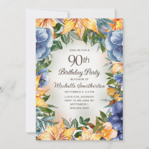Convite Aniversário de 90 anos Floral Laranja Azul