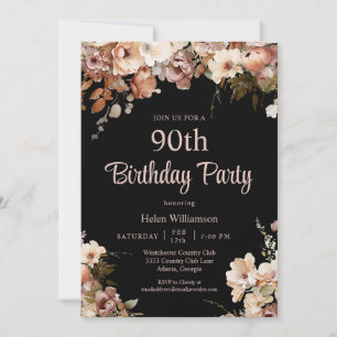 Convite Aniversário de 90 anos Floral Preto e Rosa Elegant