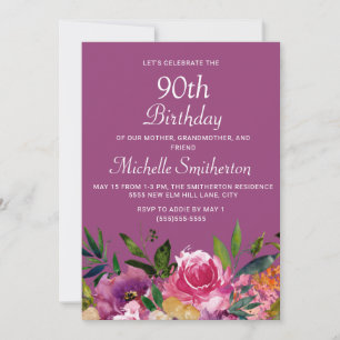 Convite Aniversário de 90 anos floral rosa roxo amarelo