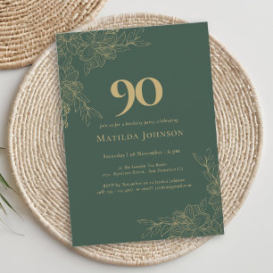 Convite Aniversário de 90 anos Floral Verde Elegante Doura