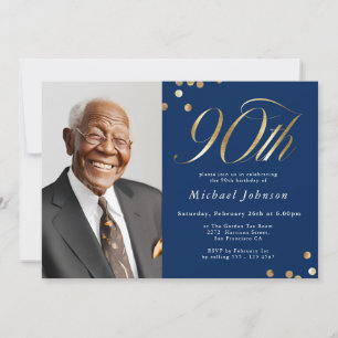 Convite Aniversário de 90 anos Foto Azul Marinho Dourado E