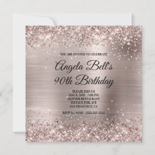 Convite Aniversário de 90 anos Glittery Pink Champagne Fal