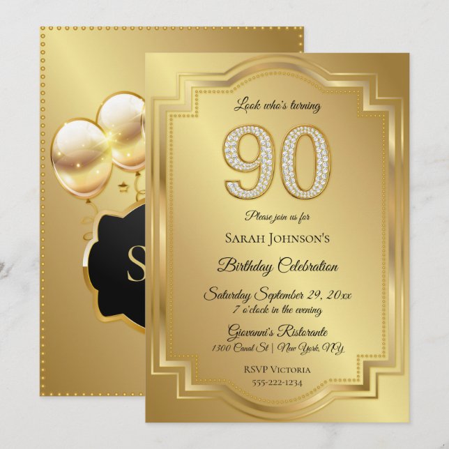Convite Aniversário de 90 anos Gold & Diamonds (Frente/Verso)