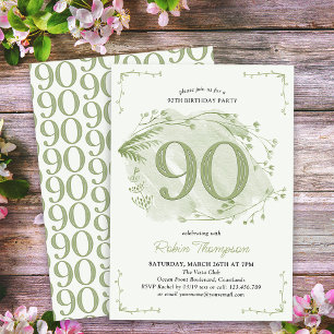 Convite Aniversário de 90 anos Green Dainty Wildflower Núm