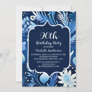 Convite Aniversário de 90 anos Navy Azul Floral Poeira
