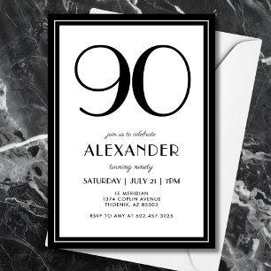 Convite Aniversário de 90 anos Preto e Branco Minimalista 