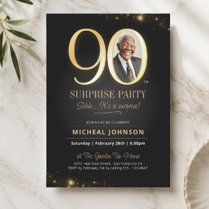 Convite Aniversário de 90 anos Preto Elegante Foto Surpres