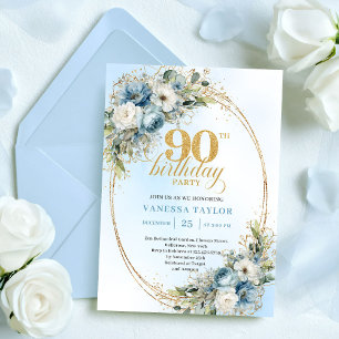 Convite Aniversário de 90 anos Vintage Boêmio Azul Floral