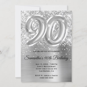 Convite Aniversário de 90 de Silver Glam Glittery Spartery