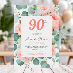 Convite Aniversário de 90 floral de pincel elegante com ro