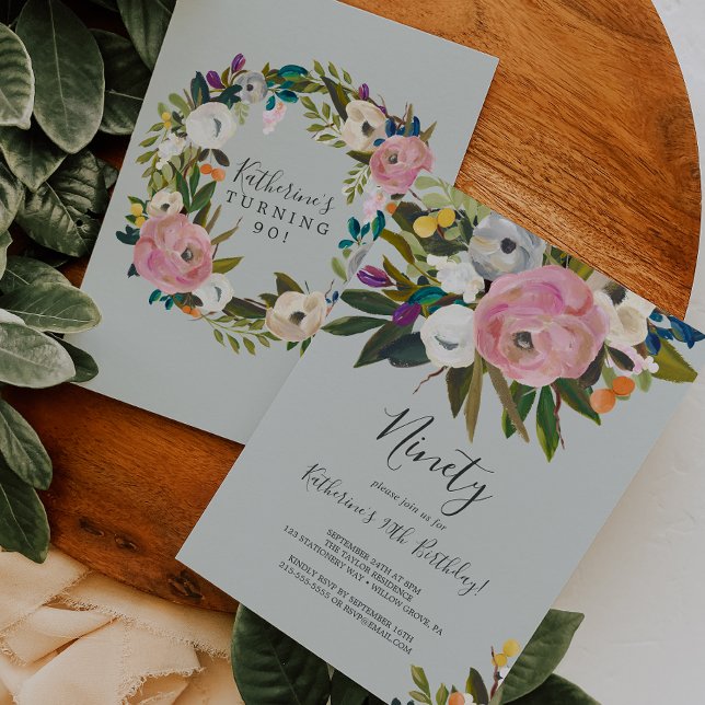 Convite Aniversário de 90 Floral Pintado (Criador carregado)