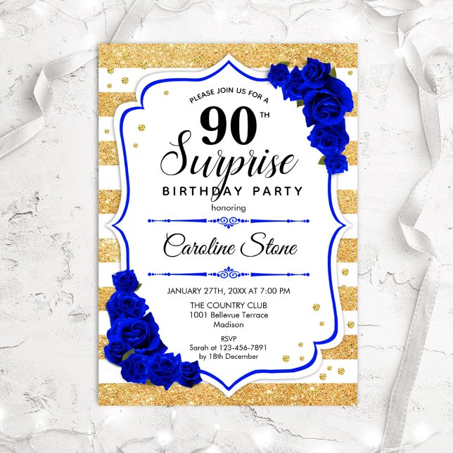 Convite Aniversário de 90 Surpresa - Azul Branco Dourado (Criador carregado)