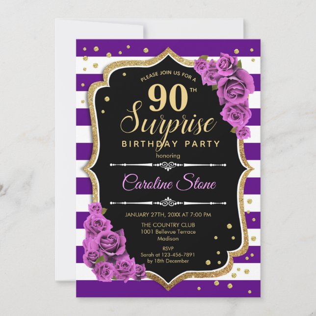 Convite Aniversário de 90 Surpresa - Dourado Roxo (Frente)