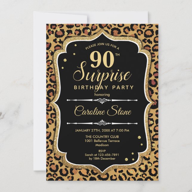 Convite Aniversário de 90 Surpresa - Preto-Leopardo Dourad (Frente)