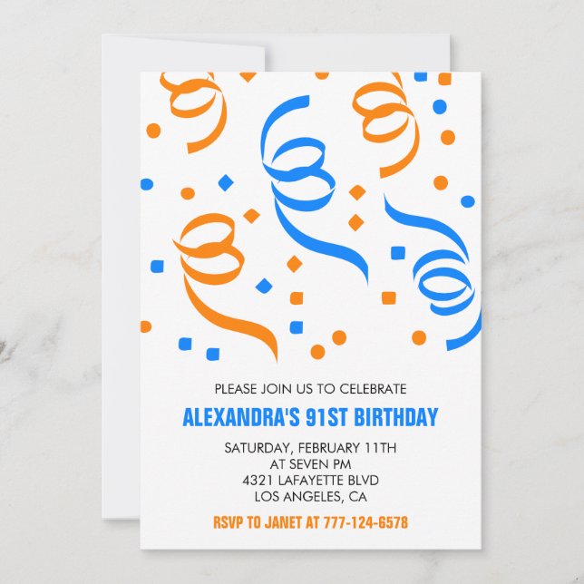 Convite Aniversário de 91 anos Classic Confetti Azul Laran (Frente)