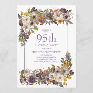 Convite Aniversário de 95 anos com tema floral em roxo, am