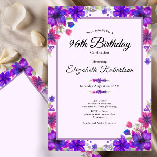 Convite Aniversário de 96 anos Elegante Floral Roxa