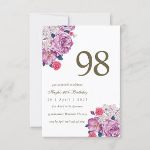 Convite Aniversário de 98 anos com estampa floral roxa bot