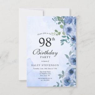 Convite Aniversário de 98 anos em Azul Desbotado Aquarela