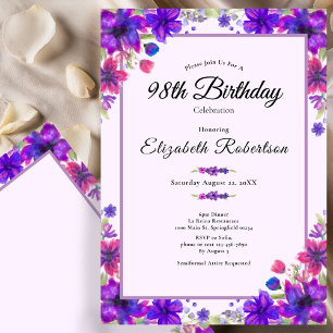 Convite Aniversário de 98 anos Floral Elegante Roxa