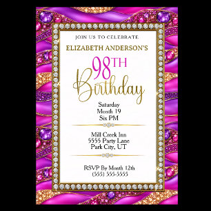 Convite Aniversário de 98 anos Glam Pink Gold Jeweled Stra