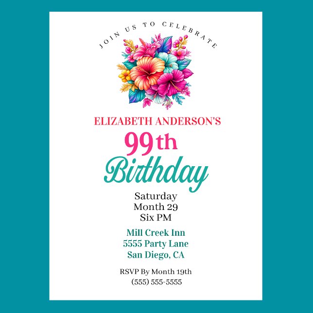Convite Aniversário de 99 anos com Flores Tropicais (Tropical Flowers 99th Birthday Invitation For Women.)