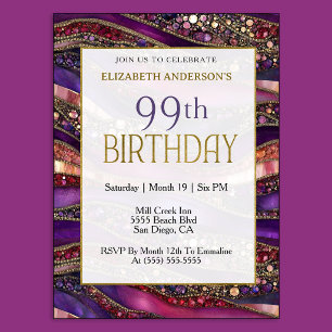 Convite Aniversário de 99 anos em Purple Gold Jeweled Stra