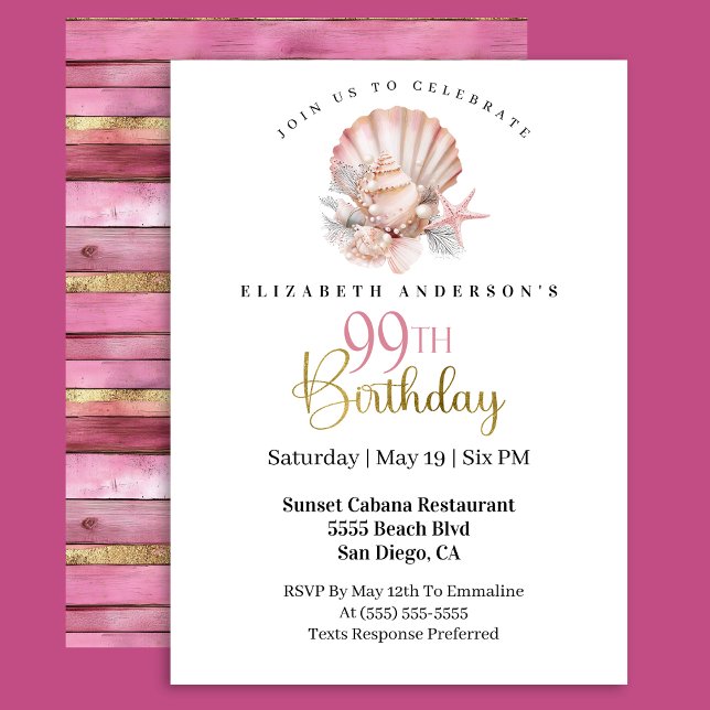 Convite Aniversário de 99 anos Pretty Pink Seashell e Péro (Criador carregado)