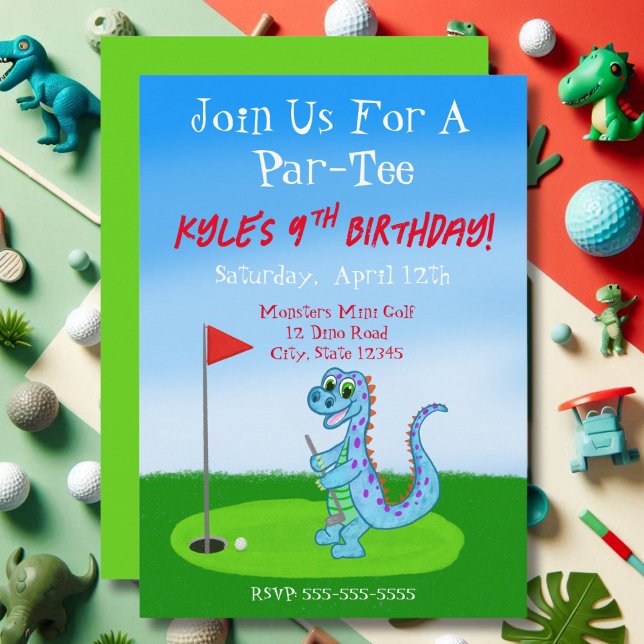 Convite Aniversário de 9 anos com tema de Golfe de Dinossa (Criador carregado)