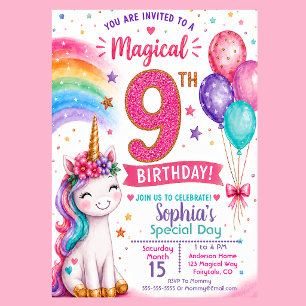 Convite Aniversário de 9 anos da Menina Unicórnio Mágica
