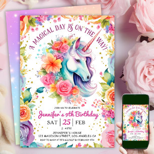 Convite Aniversário de 9 anos do Unicórnio  Floral Arco-ír